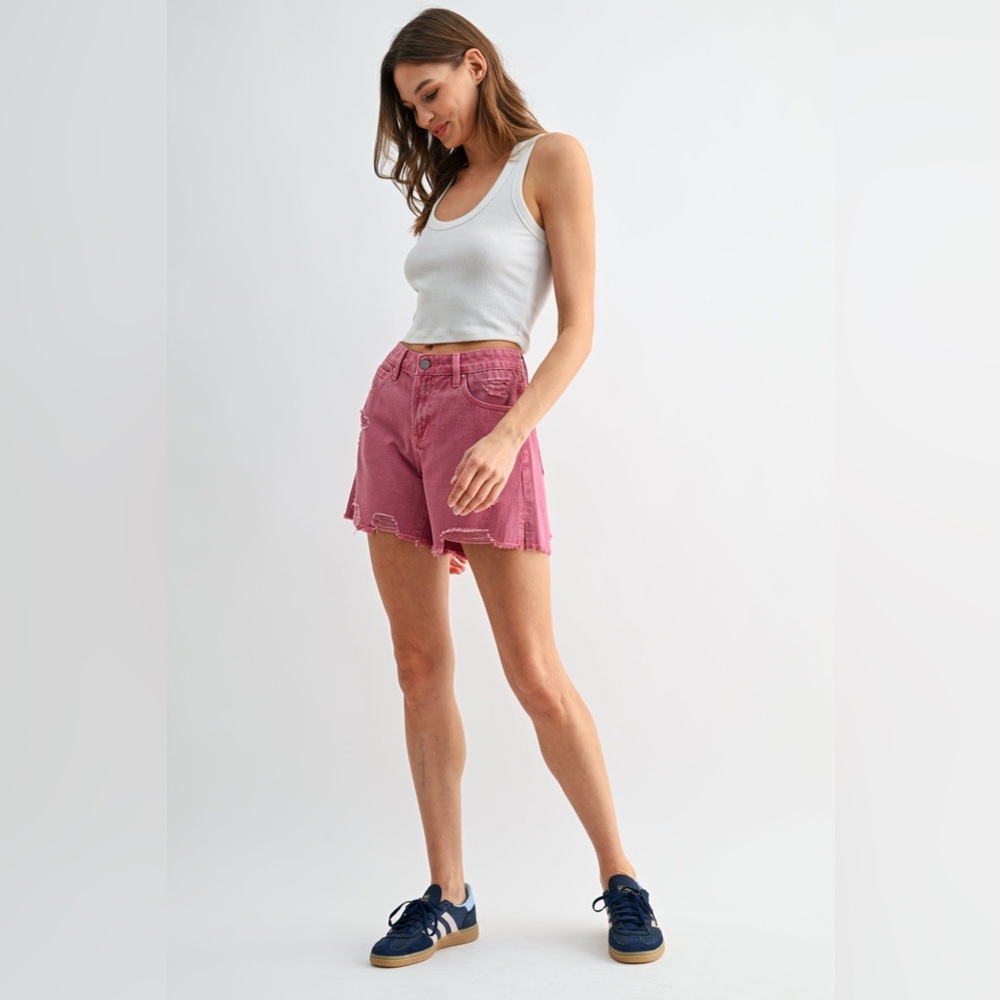 Wide Leg Distressed Boyfriend Midi Shorts - Mica - Picture 2 of 4